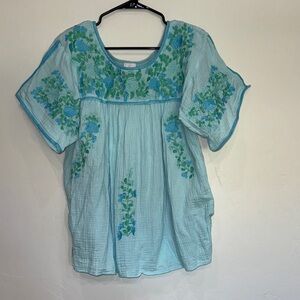 Floral Embroidered Women's Blouse in Blue and Green